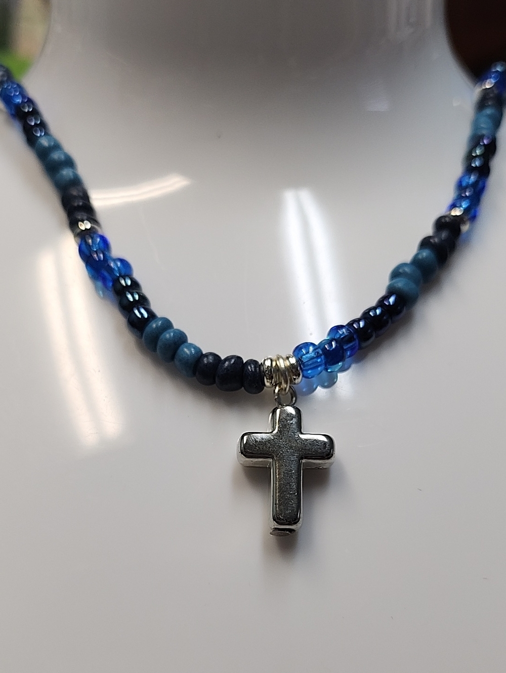 Blue Beaded Cross Pendant Necklace!